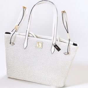 Nip luxury VS ivory faux raffia vegan gold tone v jumbo shoulder bag limited ed